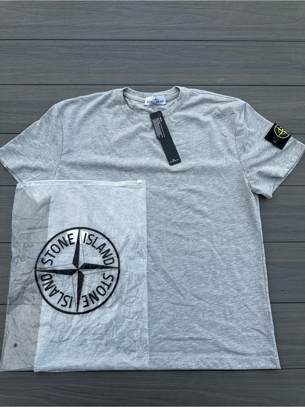 Stone Island Light Grey Short-Sleeve Tee with Sleeve Compass Patch